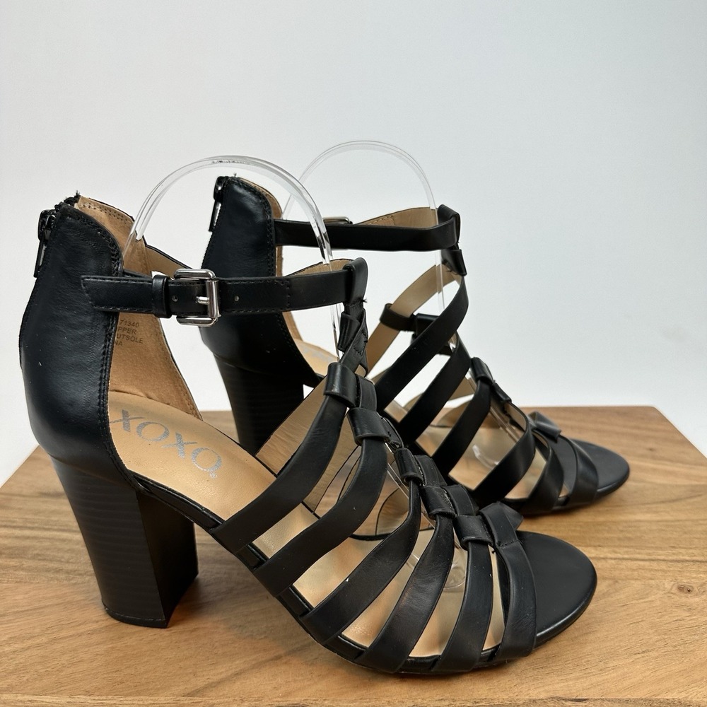New‎ NWOB Womens XOXO Baxter Black Faux Leather Gladiator Sandals Heels Size 9.5